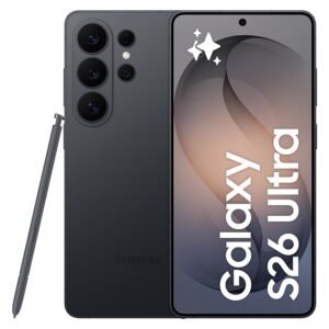 A dark gray Samsung Galaxy Ultra smartphone displayed next to its S-Pen stylus, with promotional "Galaxy S26 Ultra" text on the screen.