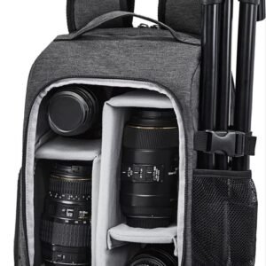 An open gray fabric camera backpack neatly packed with several professional DSLR/mirrorless camera lenses, with a black tripod strapped to the side.
