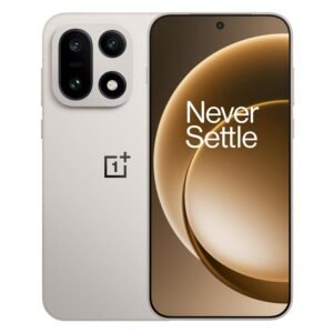 OnePlus smartphone in White color displaying front and rear views with a dual-camera system and "Never Settle" wallpaper.