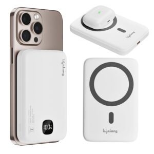 White wireless magnetic MagSafe power bank attached to an iPhone with LED battery display and wireless charging support.