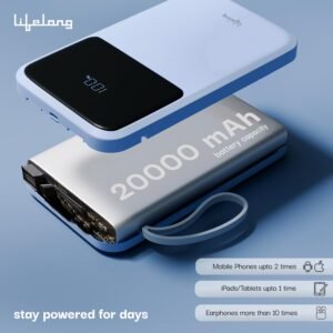 ifelong 20000mAh power bank with LED digital battery display, USB Type-C charging, and fast charging support for smartphones, tablets, and wireless accessories.