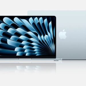 Apple MacBook Air in a light blue finish displayed open and closed, showcasing the Retina display and slim aluminum design.