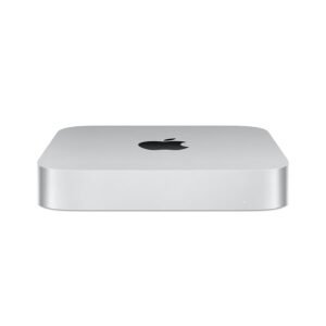 Apple Mac mini compact desktop computer in silver aluminum with a minimalist design, featuring the Apple logo on the top.