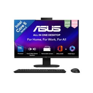SUS All-in-One Desktop PC with Intel Core 5 Series 2 processor, 23.8-inch Full HD display, 16GB RAM, 512GB SSD, retractable webcam, wireless keyboard and mouse.