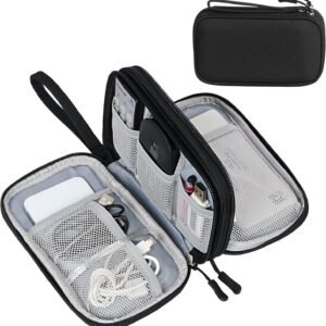 Black portable travel organizer case with mesh pockets for cables, chargers, power bank, USB drives, earbuds, and electronic accessories.