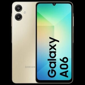 Samsung Galaxy A06 in gold with dual rear cameras and a large immersive display.
