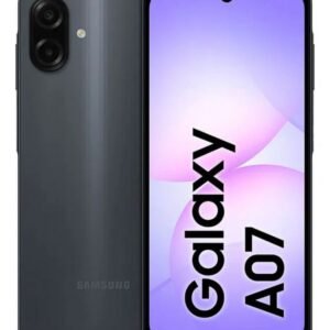 Samsung Galaxy A07 in black featuring dual rear cameras and a large HD display.