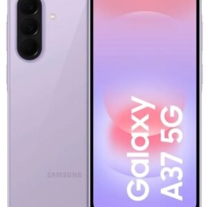 Samsung Galaxy A37 5G in lavender with triple rear cameras and a full-screen display.