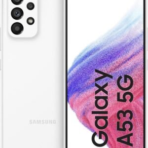 Samsung Galaxy A53 5G in white with a quad-camera setup and Infinity-O display.