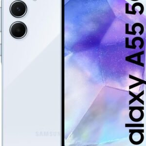 Samsung Galaxy A55 5G smartphone in white with triple rear cameras and a vibrant display.