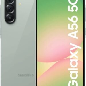 Samsung Galaxy A56 5G in light green featuring a triple rear camera setup and immersive display.
