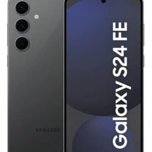 Samsung Galaxy S24 FE in graphite black with triple rear cameras and a flat display.