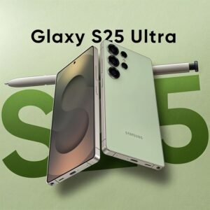 Samsung Galaxy S25 Ultra in green with S Pen, showing the front display and quad rear cameras.