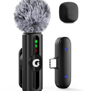 Wireless USB Type-C clip-on microphone with furry windscreen, receiver, and foam cover for smartphone recording and content creation.