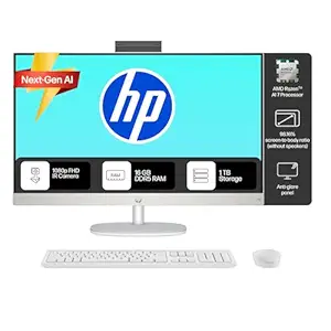 HP 23.8-inch All-in-One desktop computer with AMD Ryzen AI 7 processor, 16GB DDR5 RAM, 1TB SSD storage, Full HD display, anti-glare screen, and wireless keyboard and mouse.