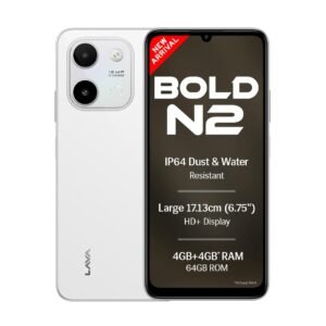 Lava Bold N2 smartphone in white featuring a 6.75-inch HD+ display, dual rear cameras, 4GB+4GB virtual RAM, 64GB storage, and IP64 dust and water resistance.