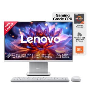 Lenovo 24-inch all-in-one desktop computer with AMD Ryzen 5 7535HS processor, 8GB DDR5 RAM, 512GB SSD, Full HD IPS display, 5MP webcam, wireless keyboard and mouse, and JBL by Harman audio.