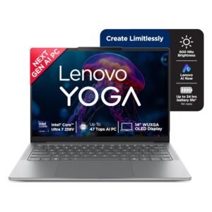 Lenovo Yoga AI laptop with a 14-inch OLED display, Intel Core Ultra 7 processor, AI PC features, and long battery life.
