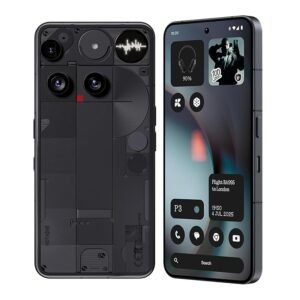 Nothing Phone in Black color displaying the front and transparent rear design with Glyph LED lights, dual cameras, and a minimalist Android interface.
