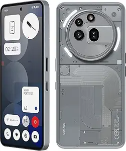 Nothing Phone in Silver color showing the front and transparent back design with Glyph LED interface, dual rear cameras, and a clean Android home screen.