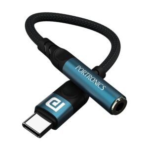 Portronics USB Type-C to 3.5mm audio adapter with braided cable for connecting wired headphones, earphones, and AUX devices to USB-C smartphones.