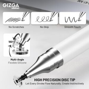 Gizga Essentials high precision disc tip stylus pen with flexible silicone tip for smartphones, tablets, and touch screen devices.