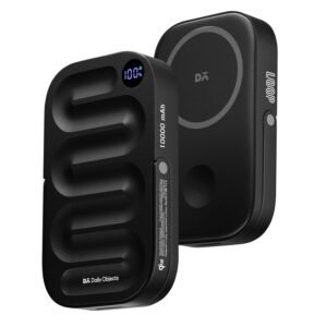 Black 10000mAh magnetic wireless power bank with digital LED battery percentage display and compact portable design.