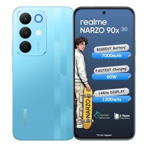 Realme Narzo 90x 5G smartphone in Sky Blue color showing front and rear views. The display highlights a 7000mAh battery, 60W fast charging, 144Hz display with 1200 nits brightness, while the back features a triple-camera design.