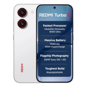 Redmi Turbo 5 smartphone in white color featuring a MediaTek Dimensity 8500 Ultra processor, 7540mAh battery, 100W HyperCharge, 50MP Sony OIS camera, and IP69-rated durability.