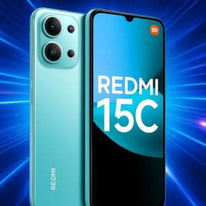 Redmi 15C smartphone in mint green with dual rear cameras and a large display against a blue glowing background.
