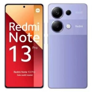 Redmi Note 13 Pro smartphone in lavender color with dual rear cameras and a large edge-to-edge display.