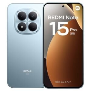 Redmi Note 15 Pro 5G smartphone in light blue with a quad-camera module and edge-to-edge display.