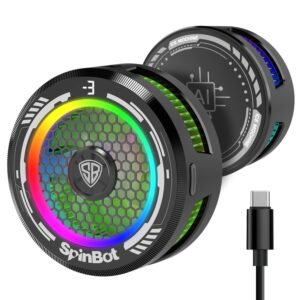 SpinBot RGB mobile phone cooling fan with USB Type-C connection for gaming, featuring AI ice cooling technology and colorful LED lighting.
