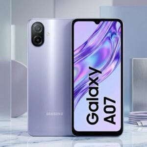 Samsung Galaxy A07 smartphone in Light Purple color showing front and rear views with a dual-camera system and immersive display.