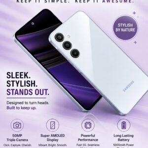 Samsung Galaxy A15 5G smartphone in White color displaying front and rear views with a 50MP triple-camera system, Super AMOLED display, and 5000mAh battery.