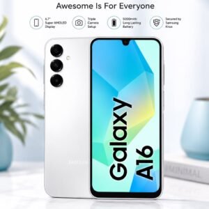 Samsung Galaxy A16 smartphone in White color with front and rear views, featuring a 6.7-inch Super AMOLED display, triple-camera setup, 5000mAh battery, and Samsung Knox security.