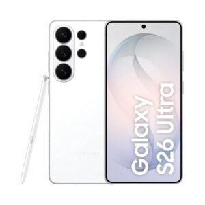 Samsung Galaxy S26 Ultra smartphone in white with S Pen, large edge-to-edge display, and quad rear camera system.