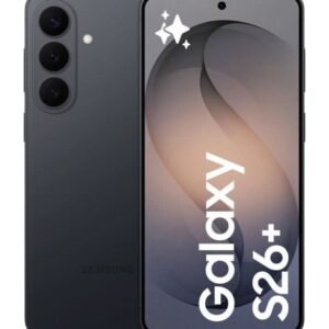Samsung Galaxy S26+ smartphone in Black color showing front and rear views with a triple-camera system and edge-to-edge display.