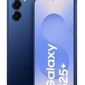 Samsung Galaxy S25+ smartphone in Blue color showing front and rear views with a triple-camera system, slim bezels, and a centered punch-hole display.