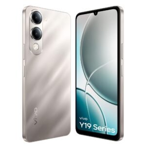 Front and back view of a silver vivo Y19 Series smartphone.