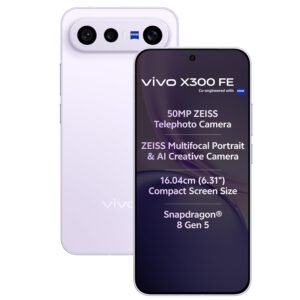 vivo X300 FE smartphone in Light Purple color with ZEISS camera system, Snapdragon 8 Gen 5 processor, and 50MP telephoto camera.