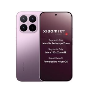 Xiaomi 17T smartphone in a pink gradient finish showing front and back views with Leica quad-camera design, HyperOS, HyperAI, and 5x periscope zoom.