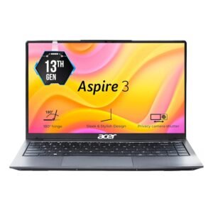 Acer Aspire 3 laptop with 13th Gen Intel processor, 180° hinge, Full HD display, privacy camera shutter, and sleek modern design.