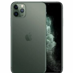 A Midnight Green iPhone 11 Pro showing the back panel with a triple-camera setup and the Apple logo, next to its front screen.