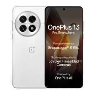 OnePlus 13 smartphone in White color displaying front and rear views with a circular Hasselblad quad-camera system and Snapdragon 8 Elite processor.