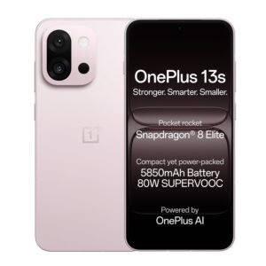 OnePlus 13s smartphone in Pink color showing front and back views with dual rear cameras, Snapdragon 8 Elite processor, 5850mAh battery, and 80W SUPERVOOC fast charging.