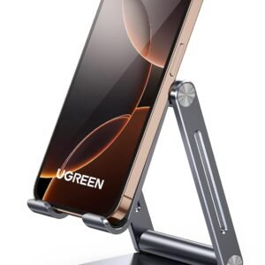 UGREEN adjustable aluminum mobile phone stand compatible with smartphones and tablets for hands-free viewing, video calls, gaming, and desk use.